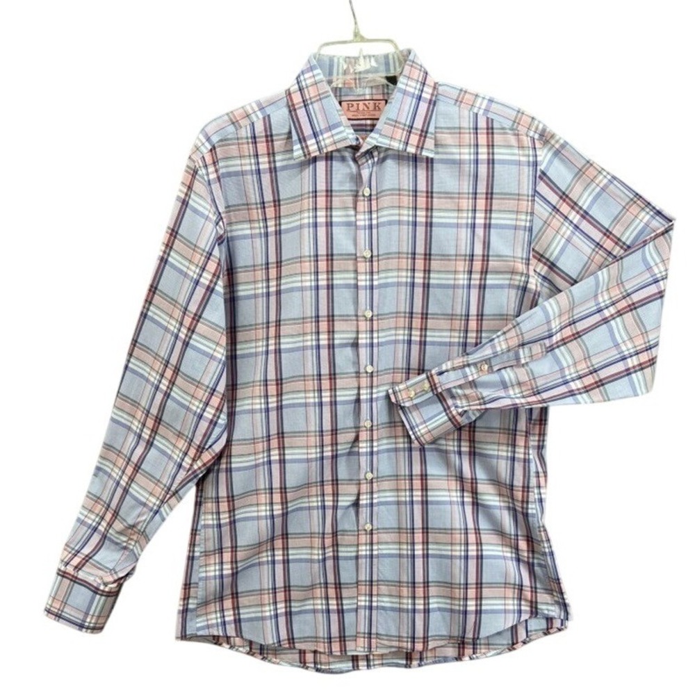 Thomas Pink Pink The Twin Collection Shirt Mens 17 Long Sleeve Plaid Button Down